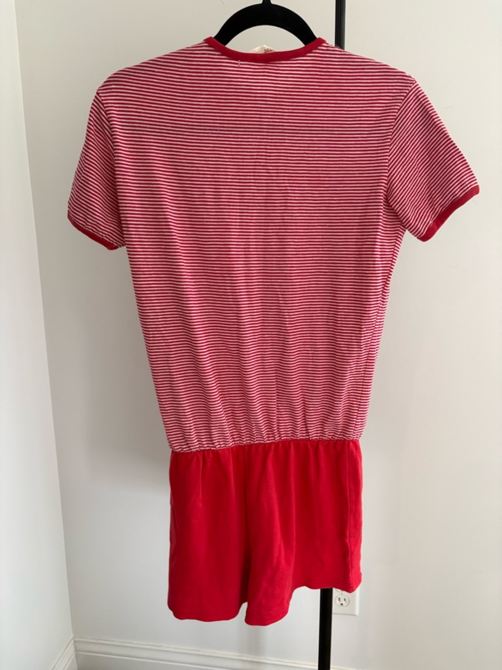 Vintage Striped Red Short-Sleeve Romper with Front Zip - Picture 2 of 5